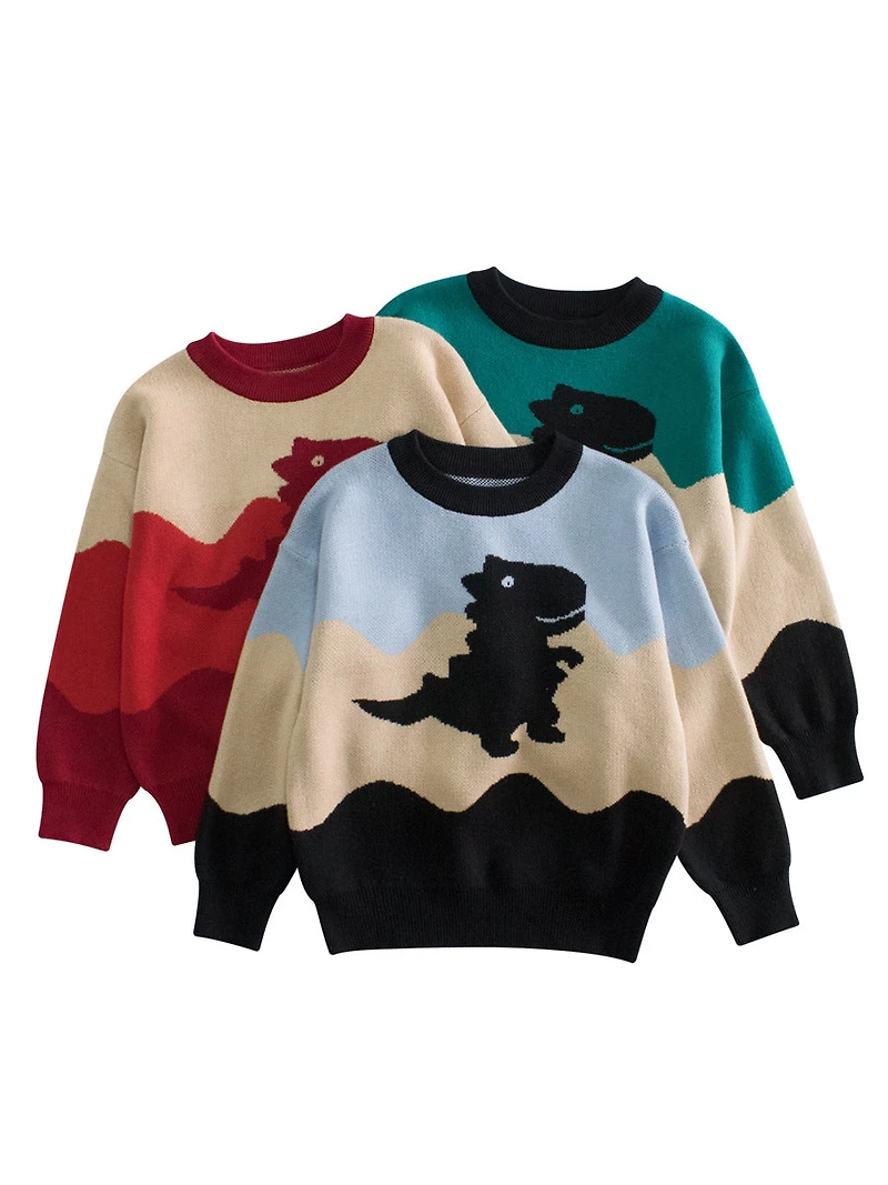 MyKids-USA Baby Boy Dinosaur Patchwork Crew Neck Long Sleeve Knit Pullover
