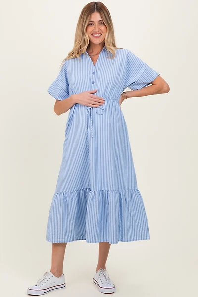 PinkBlush Womens Light Blue Striped Button Collared Maternity Midi Dress