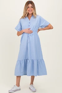 PinkBlush Womens Light Blue Striped Button Collared Maternity Midi Dress