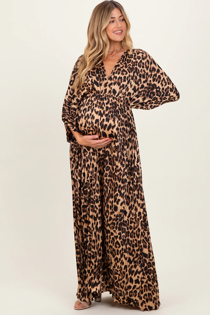 PinkBlush Womens Leopard Pleated V Neck Satin Maternity Maxi Dress