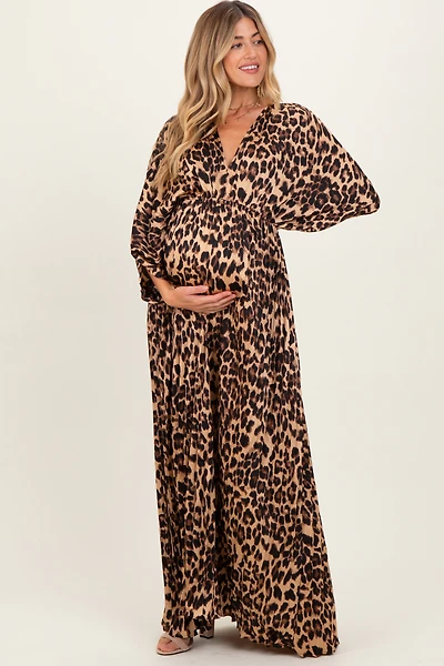 PinkBlush Womens Leopard Pleated V Neck Satin Maternity Maxi Dress