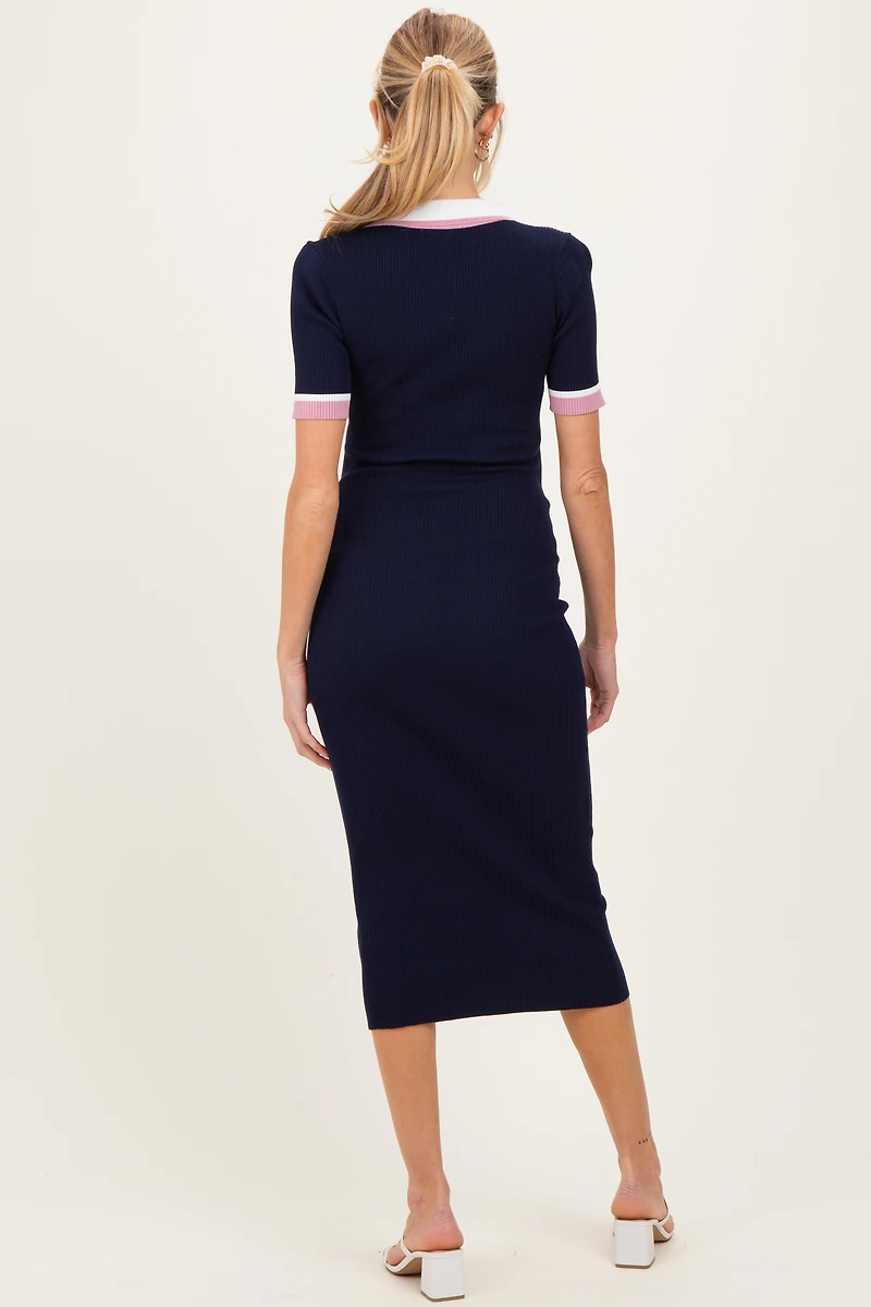 PinkBlush Womens Navy Collared Colorblock Maternity Midi Dress