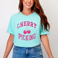 Simply Sage Market - Cherry Picking Varsity Arched Women's Garment Dyed Graphic T-Shirt