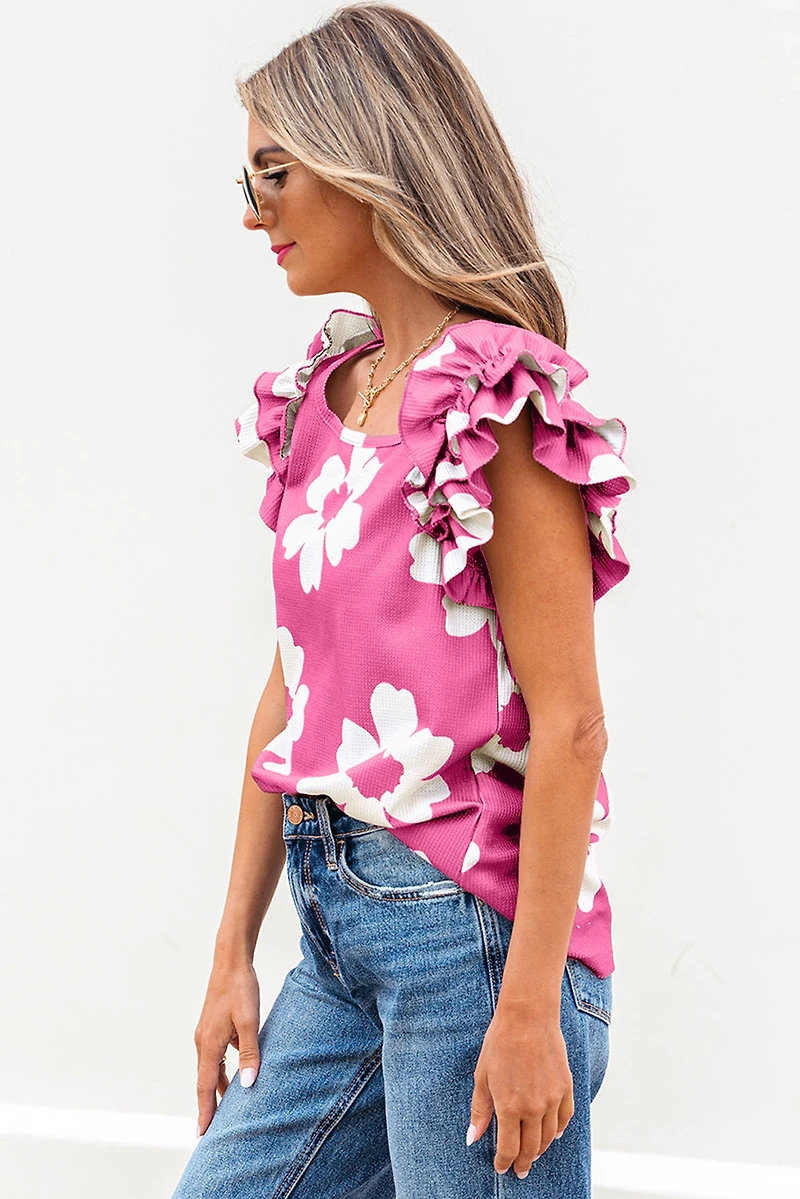 Threaded Pear Women's Mazie Floral Ruffled Short Sleeve Blouse