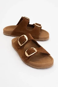 Forever & Always Womens Ovesta Soft Footbed Leather Slide Sandal