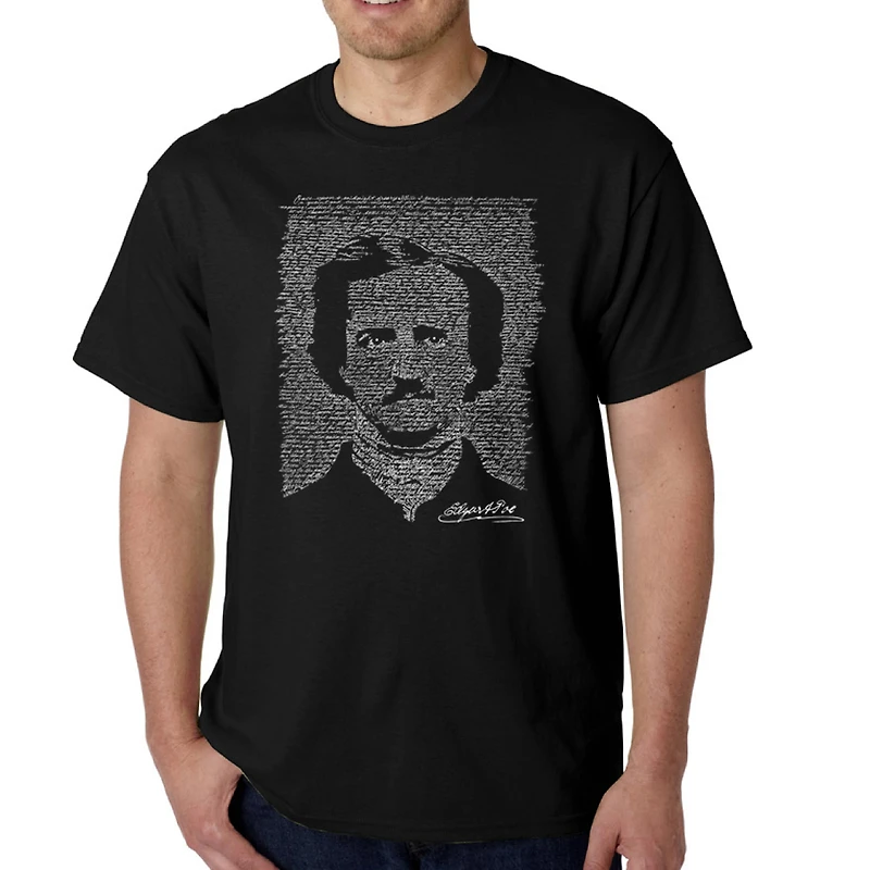 LA Pop Art Men's Edgar Allan Poe The Raven Word T-Shirt - 100% Cotton, Crew Neck, Short Sleeve
