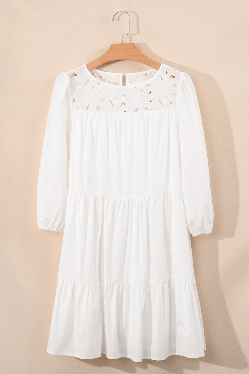 Threaded Pear Women's Whitley Floral Lace Patchwork Tiered Mini Dress