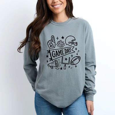 Simply Sage Market - Women's Garment Dyed Long Sleeve Graphic T-Shirt Football Game Day Doodles