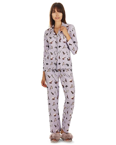 MeMoi Women's Crazy Cats Notch Collar Cotton Blend Pant Pajama Set
