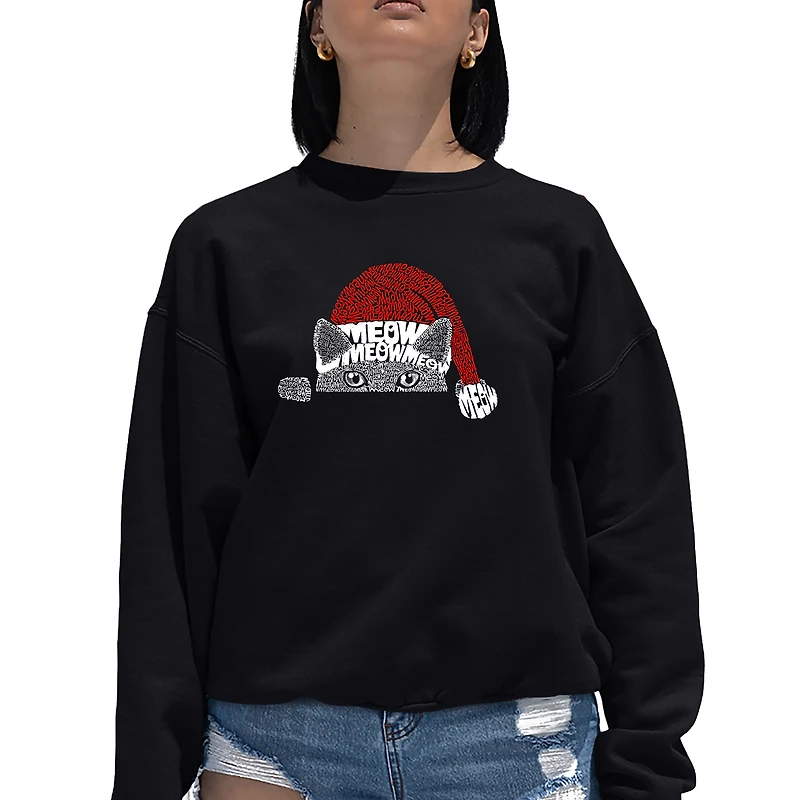 LA Pop Art Christmas Peeking Cat - Women's Word Crewneck Sweatshirt