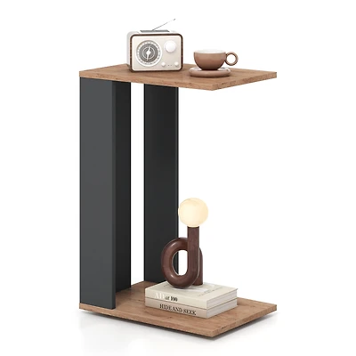 SUGIFT 2-Tier C-Shaped Side Table with Universal Wheels and Shelf 16.5-lb Tabletop Capacity Rustic Brown & Anthracite