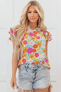 Threaded Pear Women's Leslie Floral Shirred Tiered Ruffled Sleeve Blouse