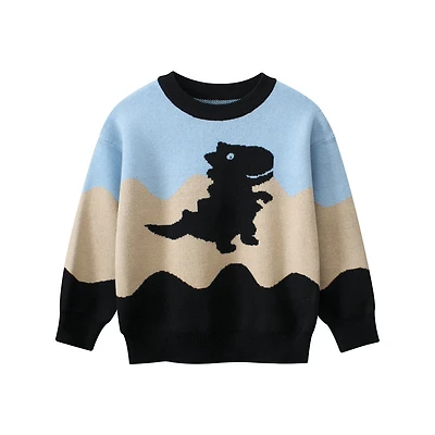 MyKids-USA Baby Boy Kids Dinosaur Pattern Crew Neck Long Sleeves Color Patchwork Knitwear Pullover