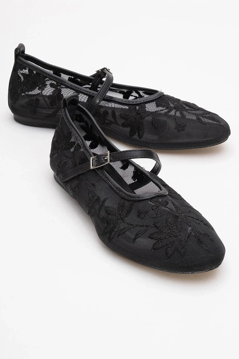 Prologue Shoes Womens Juny Mesh Floral Embroidery Ballet Flat
