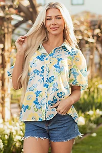 Threaded Pear Women's Claira Floral Puff Short Sleeve Blouse