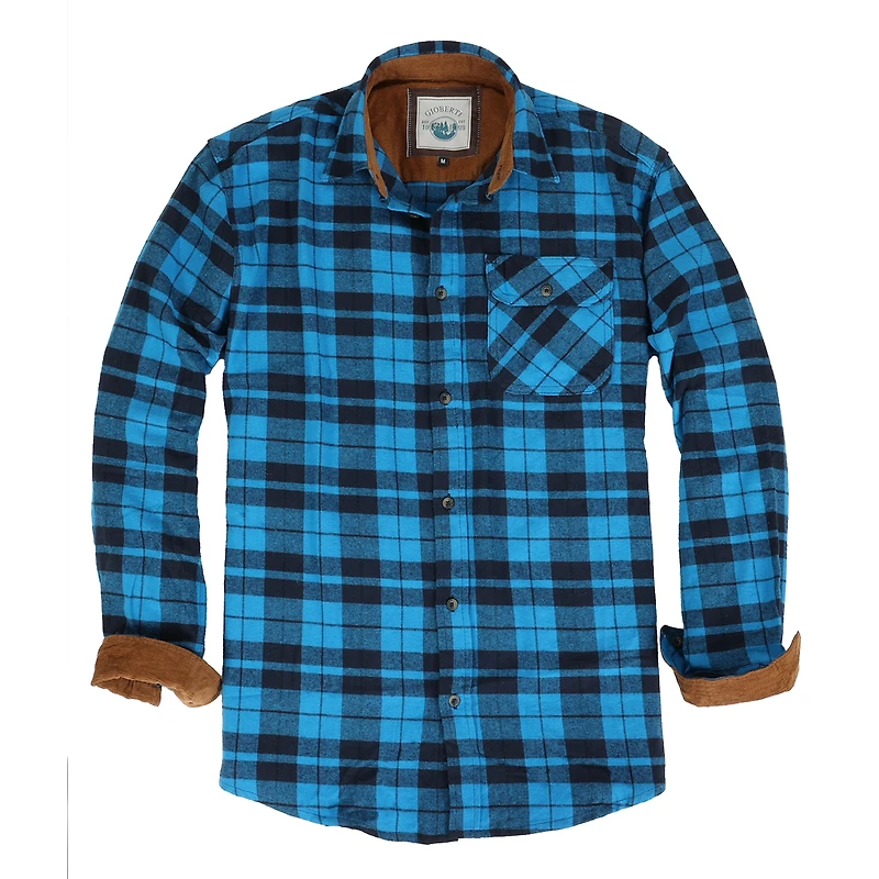 Gioberti Men's Long Sleeve Brushed Flannel Plaid Checkered Shirt with Corduroy Contrast