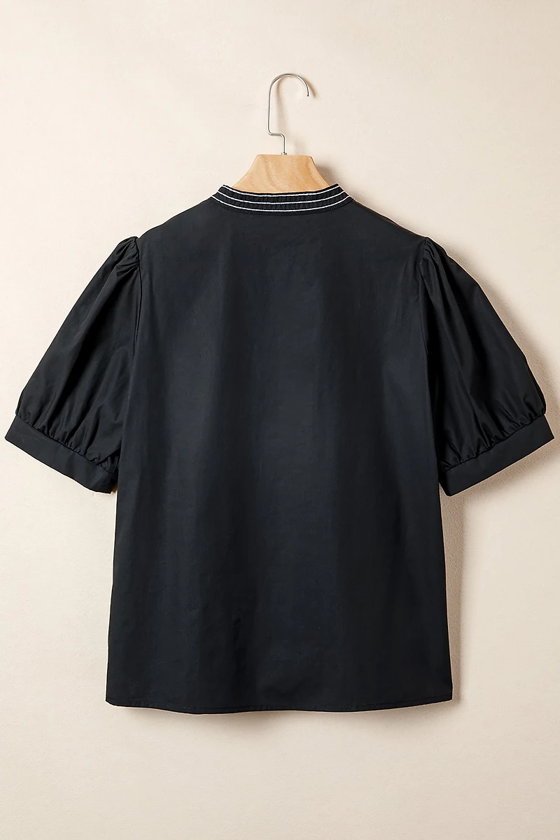 Threaded Pear Women's Raelynn Contrast Embroidered Detail Blouse