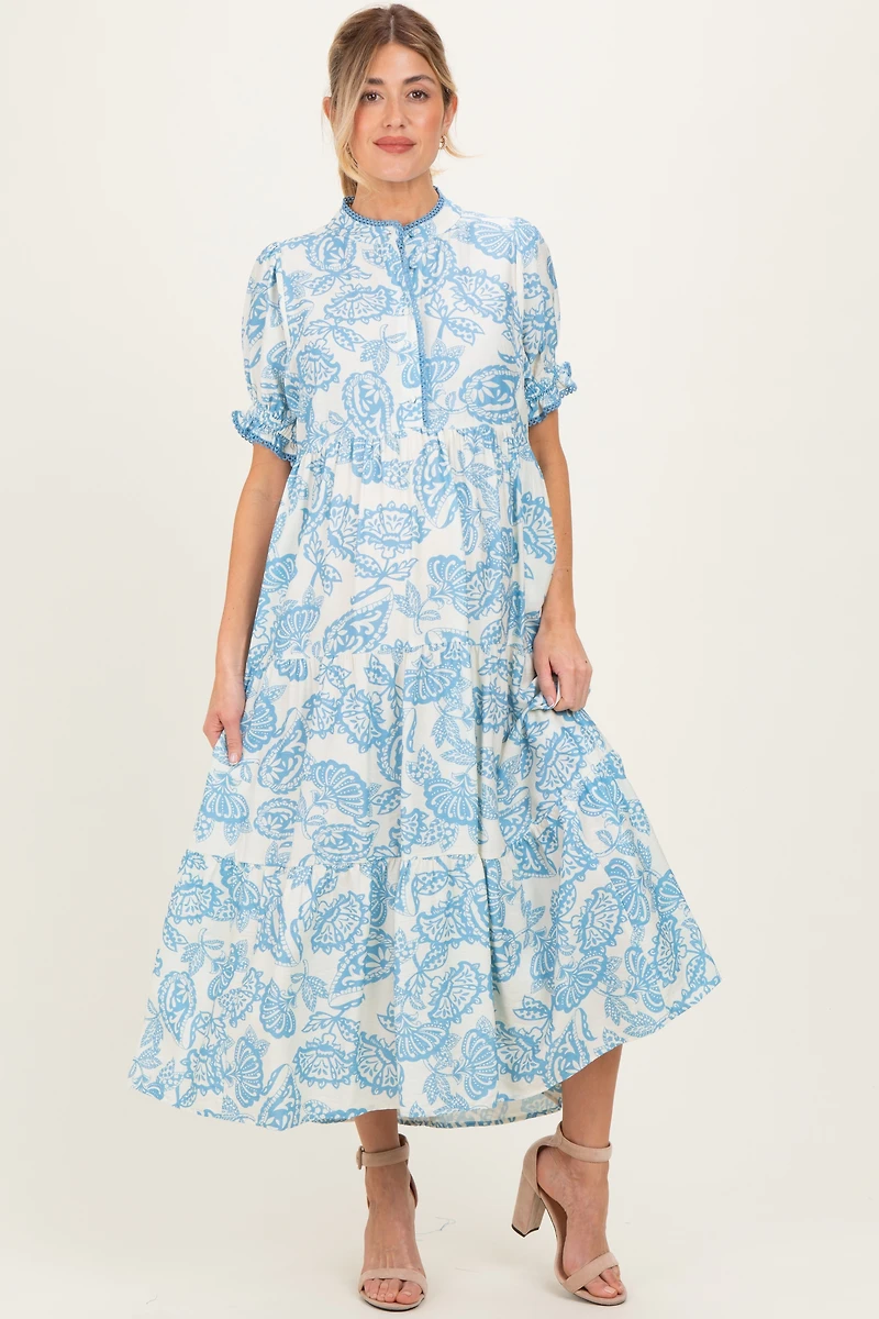 PinkBlush Womens Light Blue Paisley Print Tiered Maternity Midi Dress