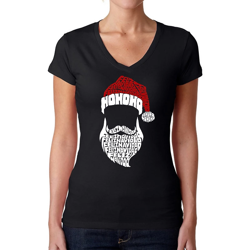LA Pop Art Womens Word V-Neck T-Shirt - Feliz Navidad Santa Claus