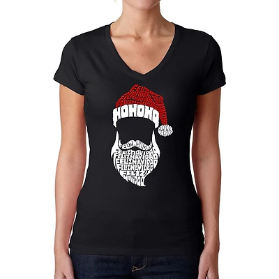 LA Pop Art Womens Word V-Neck T-Shirt - Feliz Navidad Santa Claus