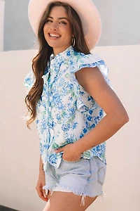 Threaded Pear Women's Tiana Floral Ruffle Sleeve Button Up