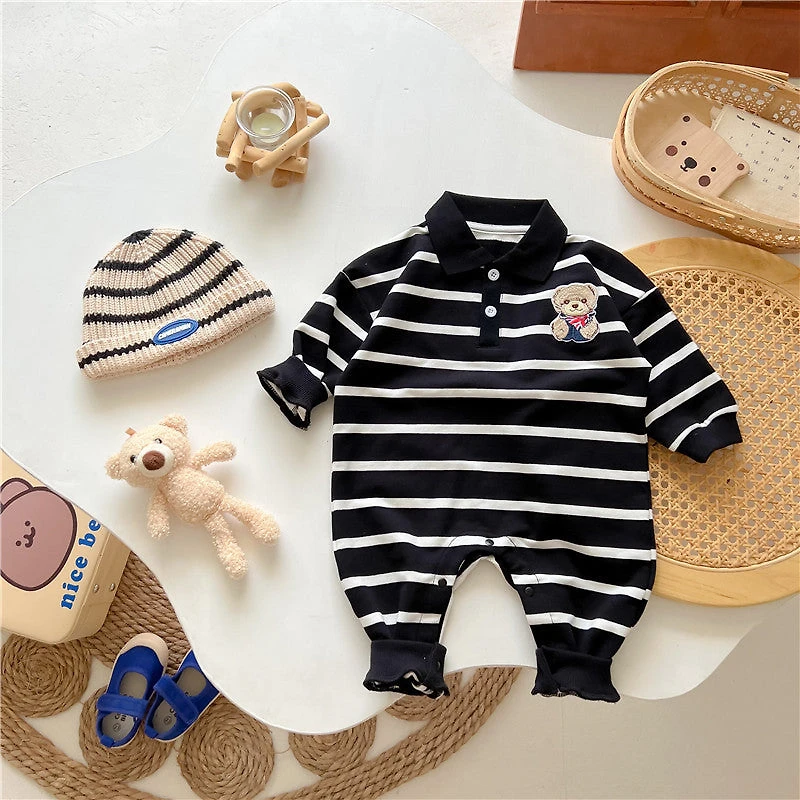 MyKids-USA Baby Cartoon Bear Print & Striped Pattern Polo Neck Long Sleeve Romper