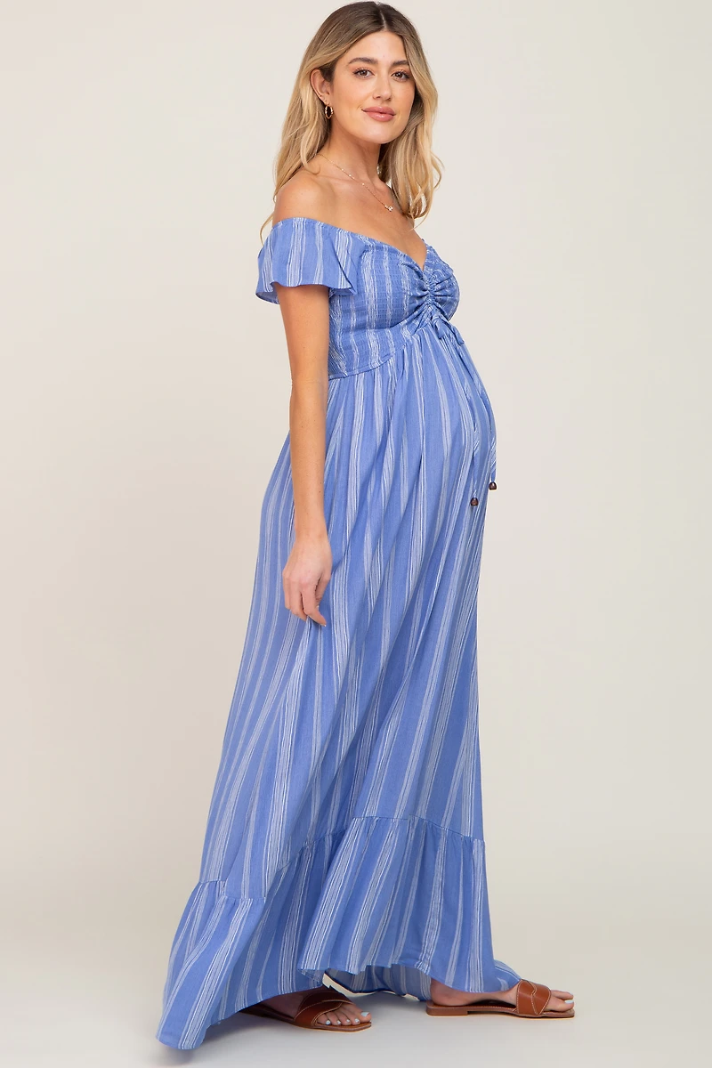 PinkBlush Womens Striped Off Shoulder Front Tie Maternity Maxi Dress