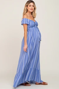 PinkBlush Womens Striped Off Shoulder Front Tie Maternity Maxi Dress