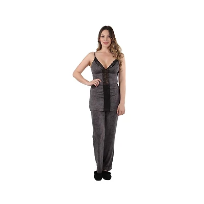 MeMoi Women's Lace Trim Animal Print Lightweight Cami Pajama Set