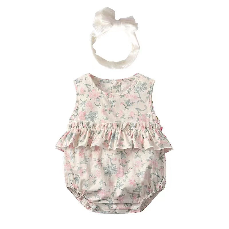 MyKids-USA Baby Girl Floral Print Graphic Ruffle Design Sleeveless bodysuit & Headband