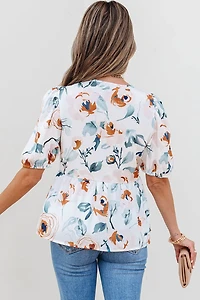 Threaded Pear Women's Salome Floral Puff Sleeve V Neck Babydoll Blouse