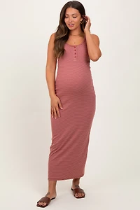 PinkBlush Womens Olive Striped Button Front Sleeveless Maternity Maxi Dress