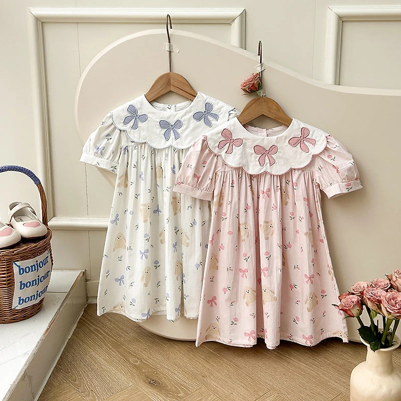MyKids-USA Toddler Girls Summer Dress - Short Sleeves, Embroidered Collar, Floral Teddy Print - Cotton Blend