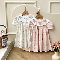 MyKids-USA Toddler Girls Summer Dress - Short Sleeves, Embroidered Collar, Floral Teddy Print - Cotton Blend