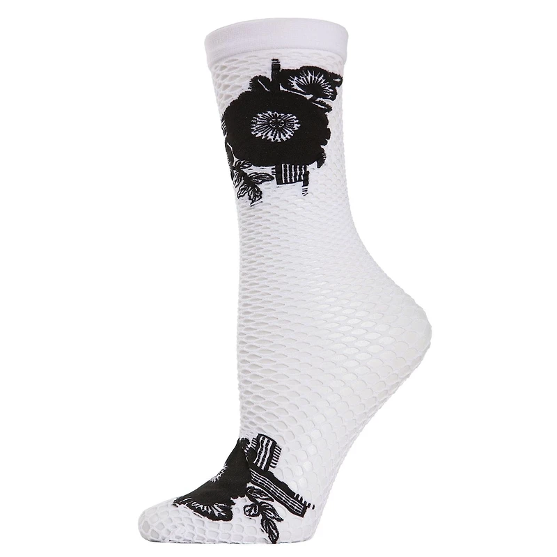 MeMoi Women's Floral Applique Net Crew Socks