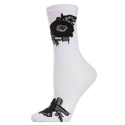 MeMoi Women's Floral Applique Net Crew Socks