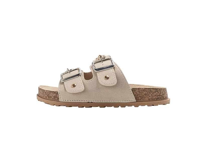 bebe Girl's Footbed Slide Sandals with Buckle Straps and Charm Accents