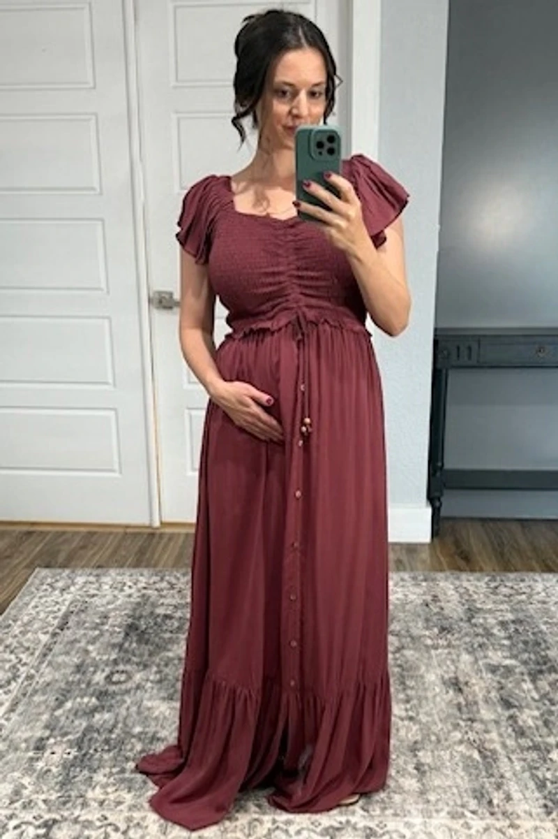 PinkBlush Womens Burgundy Smocked Top Woven Maternity Maxi Dress