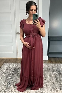 PinkBlush Womens Burgundy Smocked Top Woven Maternity Maxi Dress