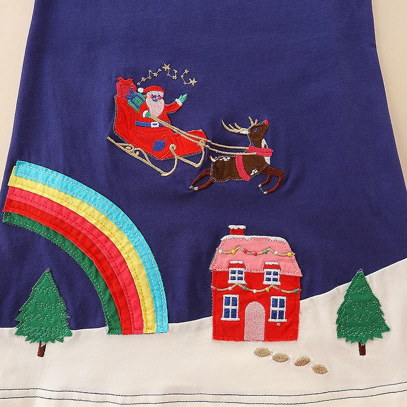 MyKids-USA Girls’ Navy Blue Christmas Cartoon Pattern Embroidery Dress