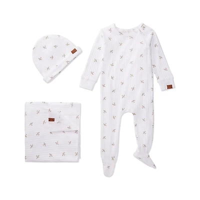 MeMoi 3 Piece Baby Boys "Airplane" Ribbed Cotton Rich Footie Set