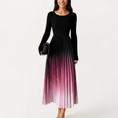 Anna-Kaci Women’s Long-Sleeve Pleated Ombre Maxi Dress