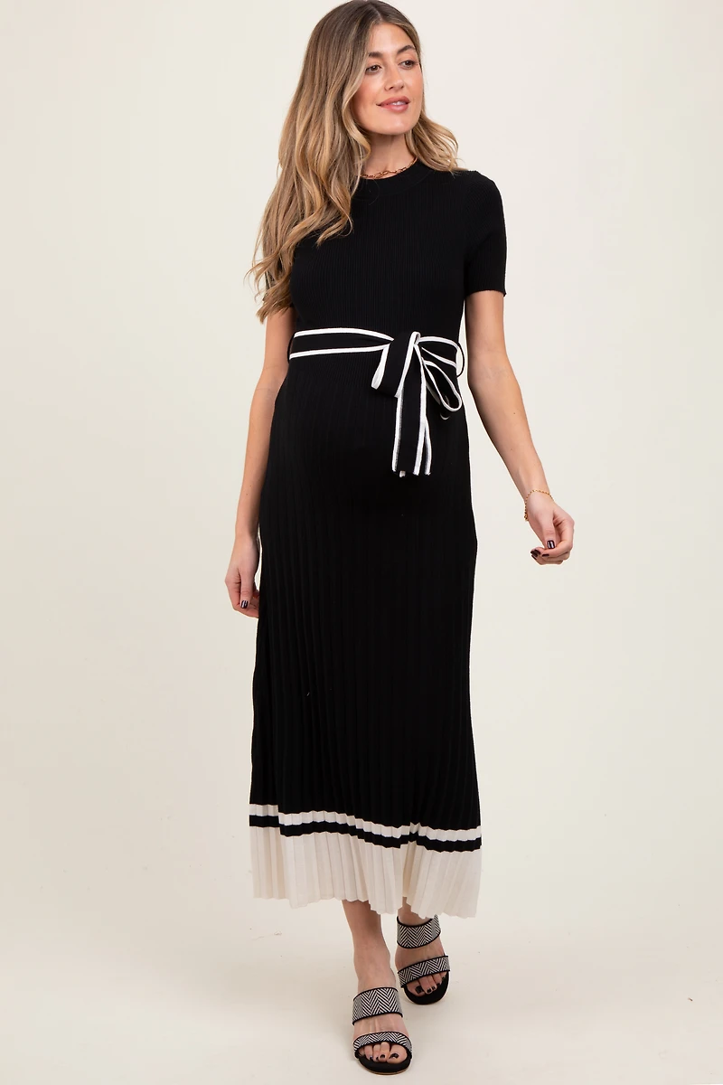 PinkBlush Womens Black Ribbed Knit Pleated Maternity Midi Dress