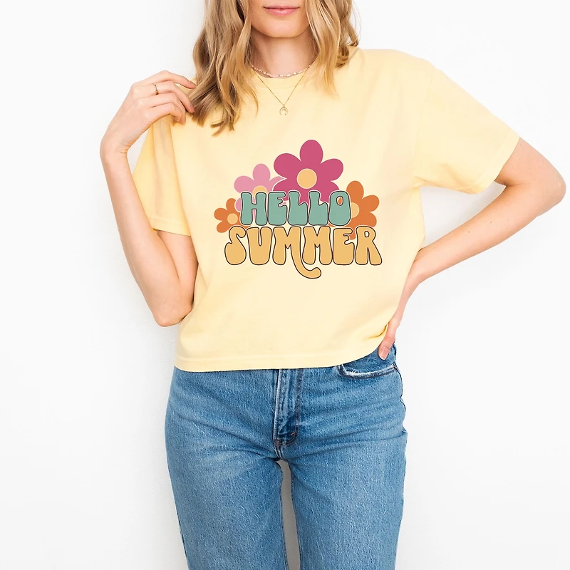 Simply Sage Market - Hello Summer Flowers Women's Boxy Crop Top Graphic T-Shirt