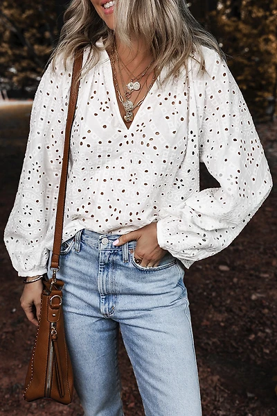 Threaded Pear Women's Paige Eyelet Embroidered Puff Sleeve Blouse