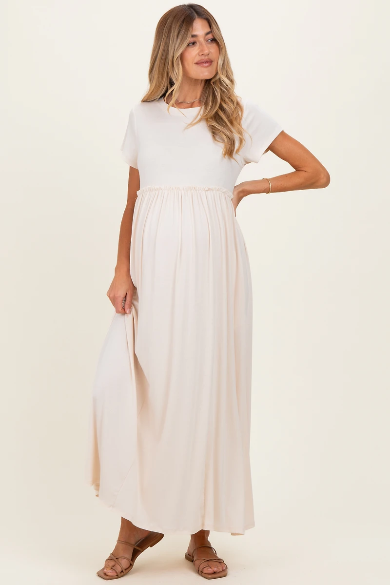PinkBlush Womens Soft Lemon Ruffle Trim Maternity Maxi Dress