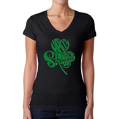 LA Pop Art Womens Word V-Neck T-Shirt - St. Patrick's Day Shamrock