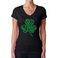 LA Pop Art Womens Word V-Neck T-Shirt - St. Patrick's Day Shamrock