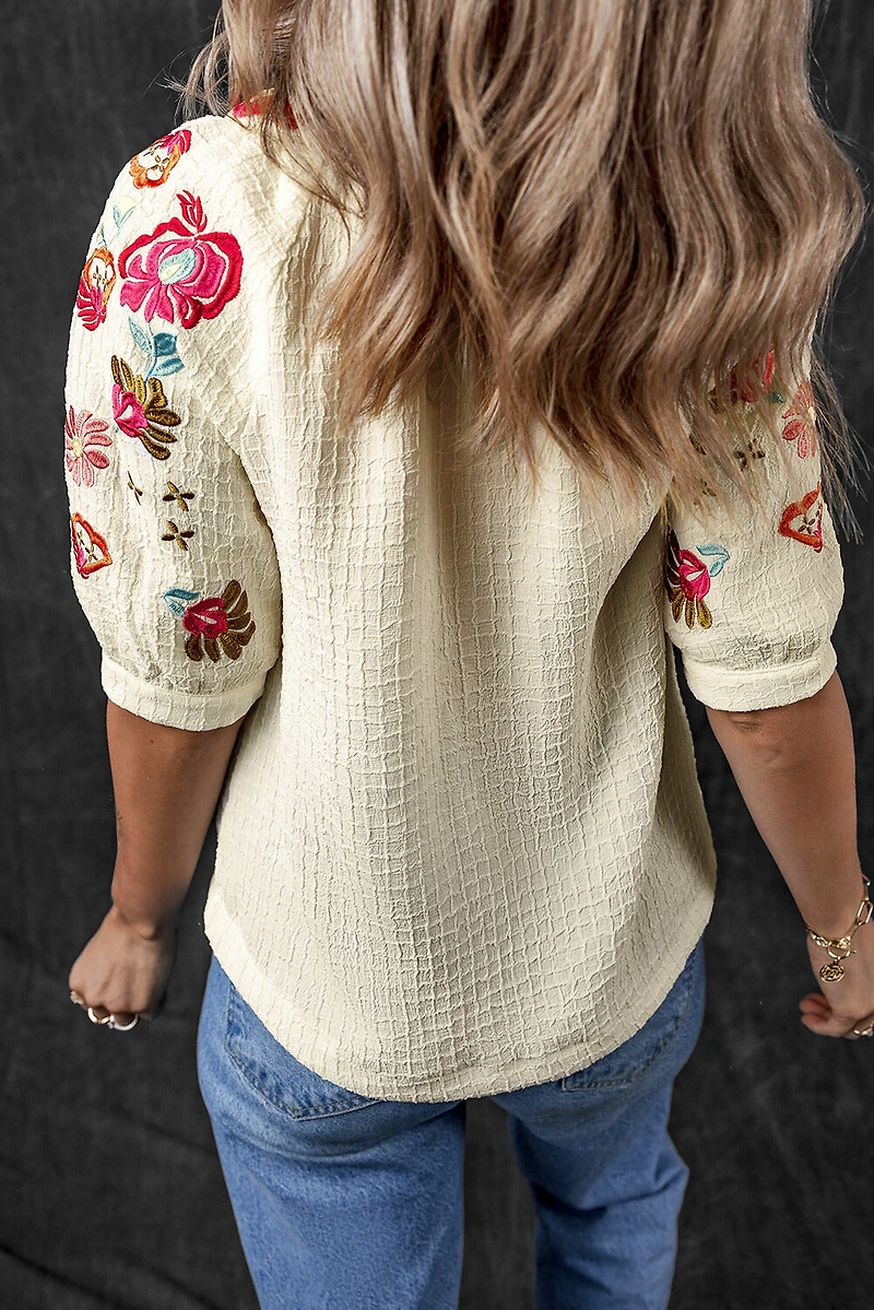 Threaded Pear Women's August Floral Embroidered Puff Sleeve Blouse