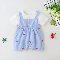 MyKids-USA Baby Girl Plaid Graphic Strawberries Embroidery Snap Button Jumpsuit & Solid Tee Sets